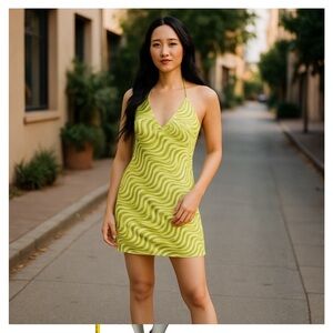 NWT: Rue21 Lime Green and White Halter Bodycon Mini Dress